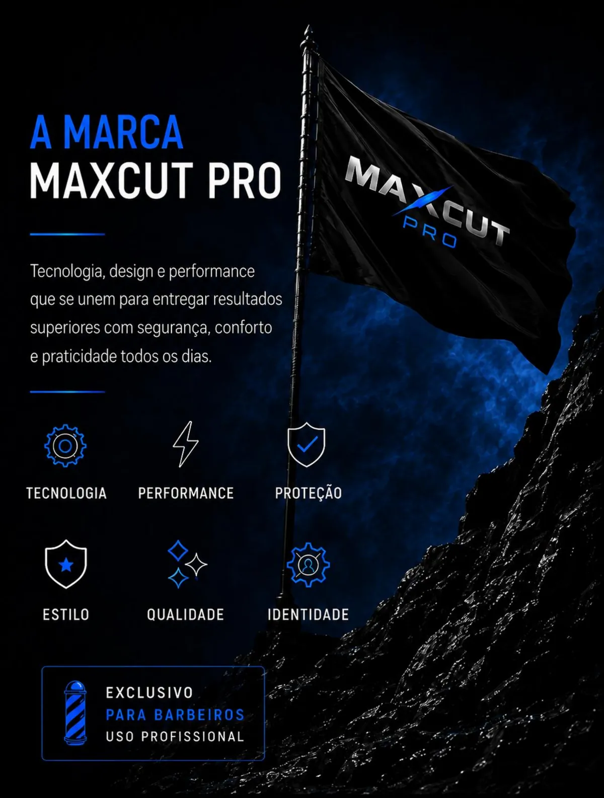 A marca MAXCUT PRO com bandeira em cenário escuro azul